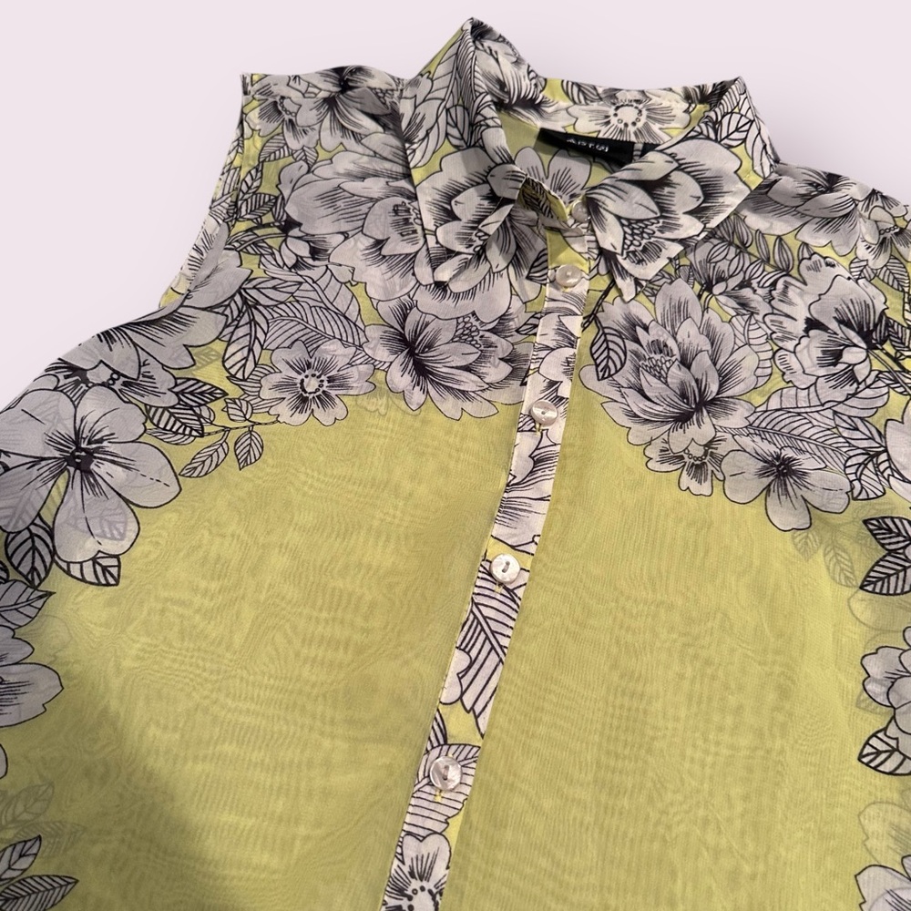 Women's Apt. 9 Neon Yellow Floral Sheer Sleeveless Button Front Blouse Size Med - Picture 4 of 9
